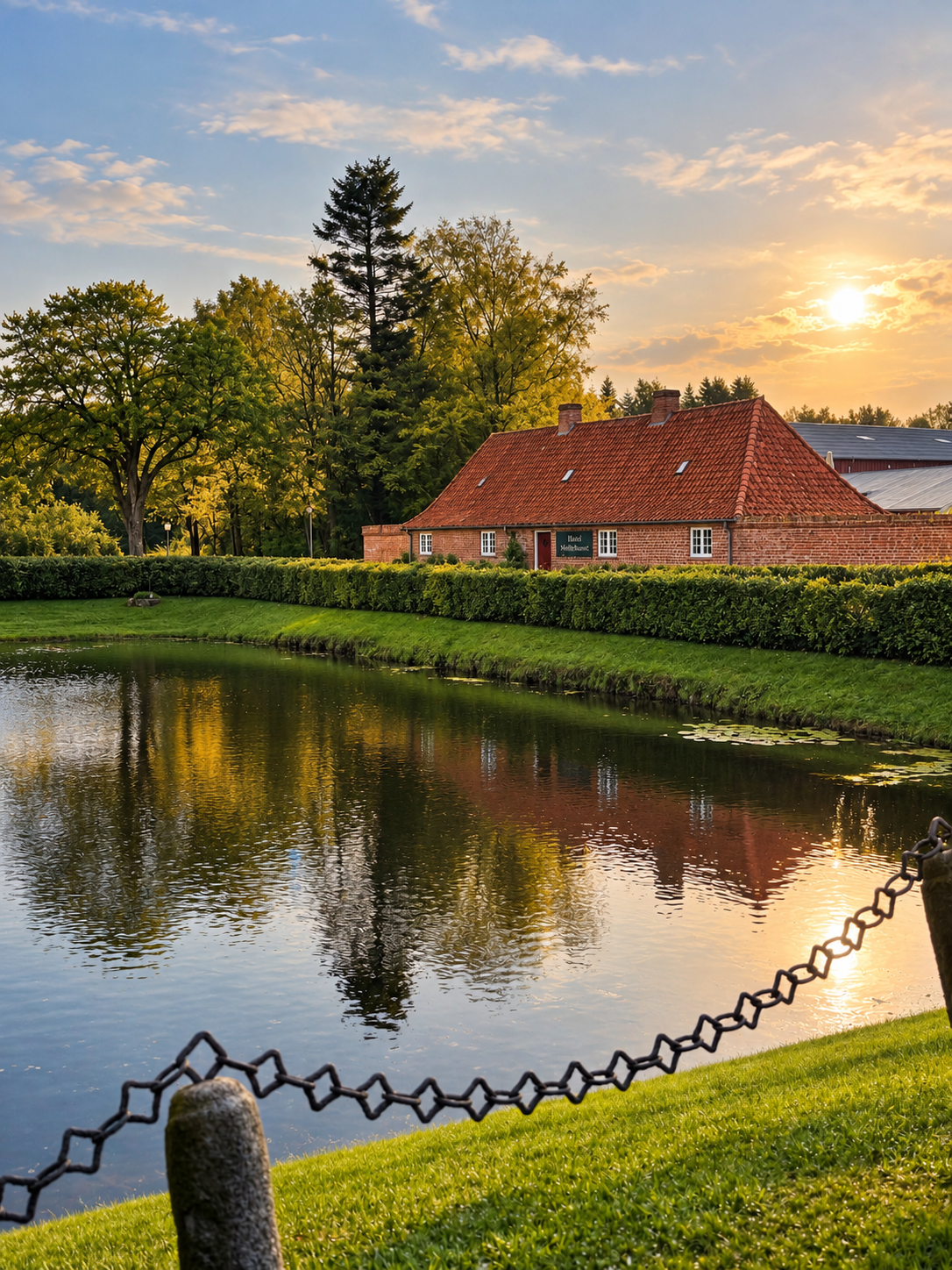 Hotel Møllehuset set over voldgraven i gyldent aftenlys